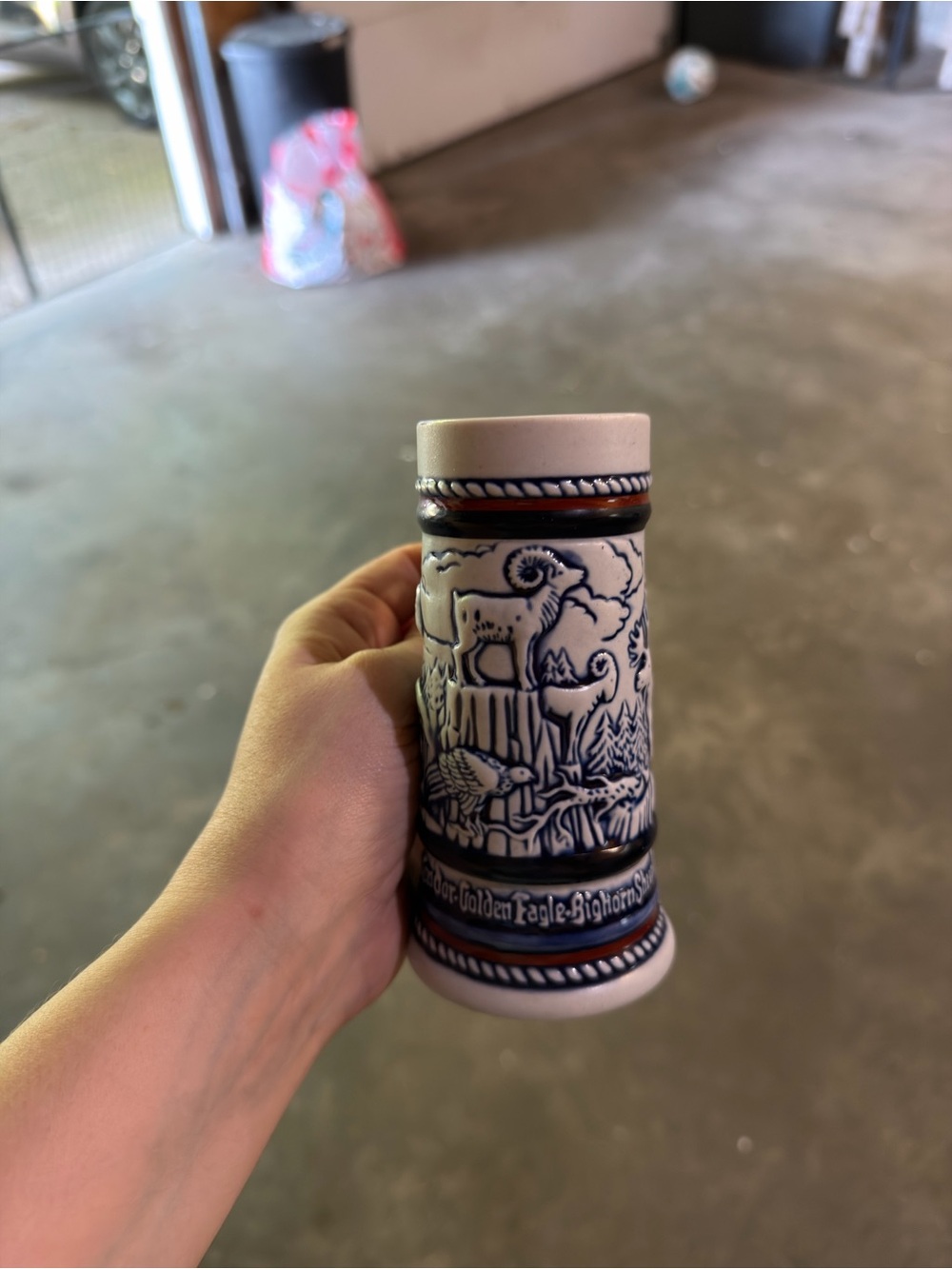 Avon 1983 Ceramic Stein with Blue and White Bighorn Sheep Relief